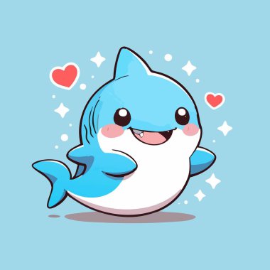Şirin kawaii bebek köpekbalığı ışıl ışıl gözleri ve mutlu bir gülümsemesi var.