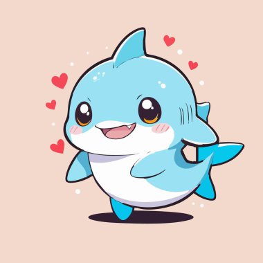 Sevimli kawaii mavi köpekbalığı neşeli bir gülümsemesi ve sevimli kalpleri var.