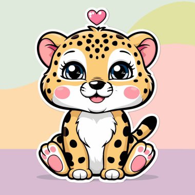 Şirin kawaii bebek leopar. Kocaman parlak gözleri ve mutlu bir ifadesi var.