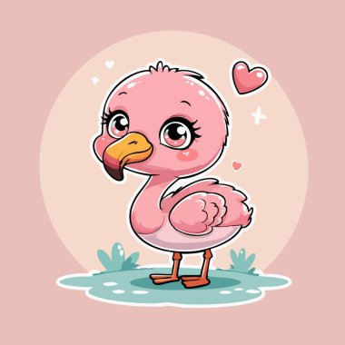 Büyük gözleri ve kalpleri olan sevimli kawaii pembe flamingo.