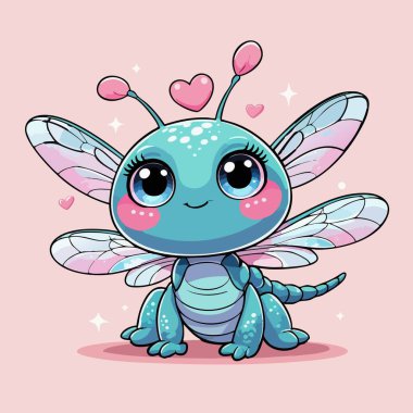Köpüklü kanatları ve kalpleri olan sevimli kawaii yusufçuk yaratık.