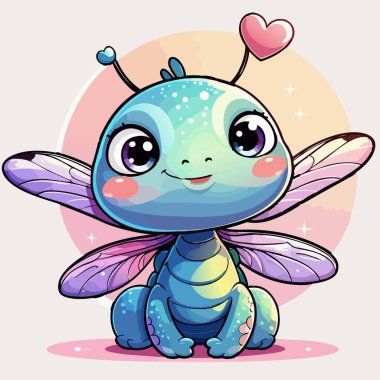 Gülümseyen kawaii yusufçuk karakteri parlayan kanatları ve kalp antenleri