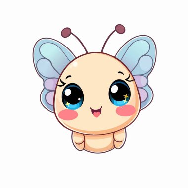 Pastel kanatları ve büyük mavi gözleri olan sevimli kawaii kelebeği.