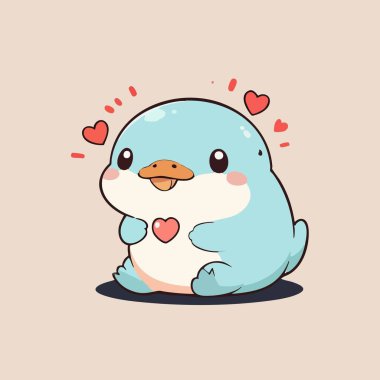 Sevimli mavi çizgi film ördek yavrusu, kalbi ve yanakları kızardı.