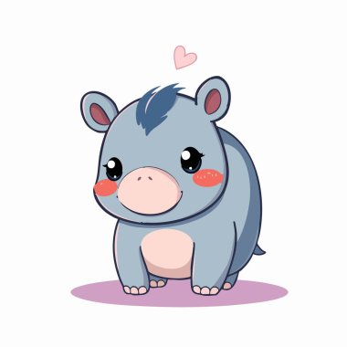 Beyaz arkaplanda allık ve kalbi olan sevimli çizgi film hipopotamları.