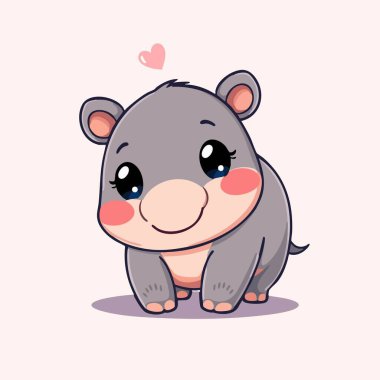 Sevimli gri bebek su aygırı, kalbi ve yanakları kızardı.