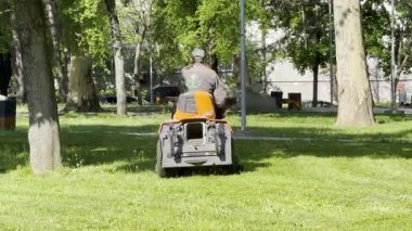 Çim biçme makinesinde çalışan işçiler park alanında çimleri kesiyorlar.