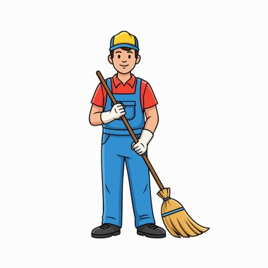Süpürge Çizgi Filmiyle Gülümseyen Erkek Temizlikçi