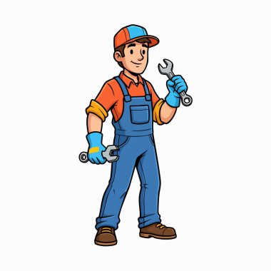 Gülen Erkek Mekanik İşçisi Anahtarlı Çizgi Filmci