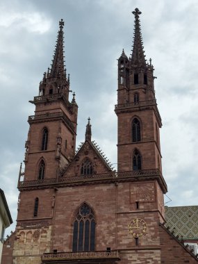 Gothic Cathedral Twin Spires Clock Cloudy Sky