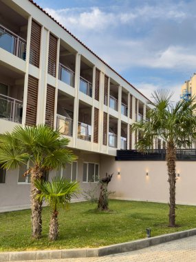 Modern Hotel Building Palm Trees Green Lawn