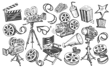 Robot resim tarzında bir sinema seti. Film yapmak, film gösterimi, televizyon, video konsepti. El çizimi vintage vektör illüstrasyonu