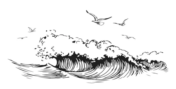 鳥は海を飛ぶ 波と海の幸 カモメ 旅行のコンセプト ヴィンテージ彫刻スタイルで手描き風景 — ストック写真