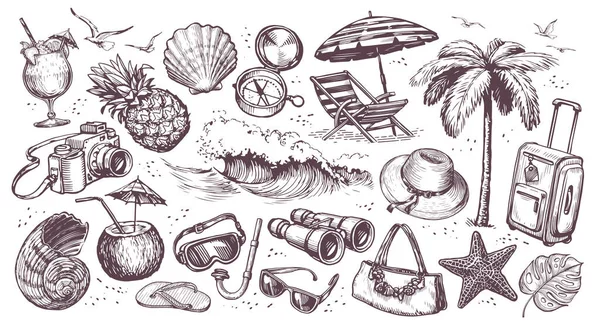 Travel Set Sketch Drawn Collection Elements Vacation Beach Sea Adventure — Stock Photo, Image
