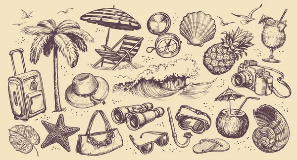 Cestovní Koncept Ručně Kreslené Objekty Téma Dovolená Pláži Vektorová Ilustrace — Stockový vektor