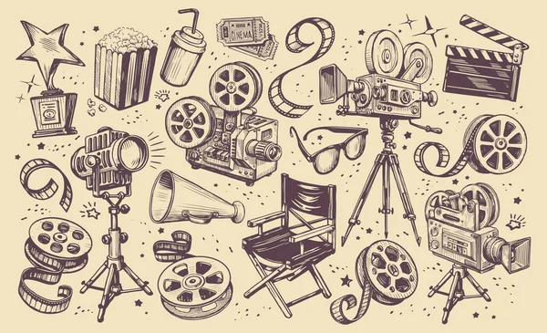 Coleção Produção Cinema Concepção Retro Indústria Cinematográfica Definir Elementos Sobre — Vetor de Stock