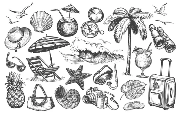 Travel Set Hand Drawn Vector Illustrations Vintage Sketch Style Summer — Stock Vector