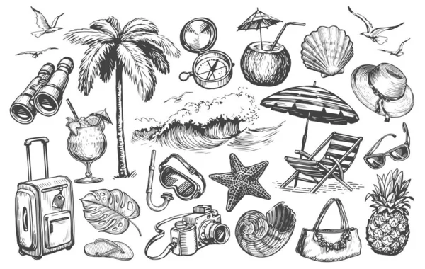 Cestovní Set Letní Turné Dovolená Plážová Dovolená Ručně Kreslené Poutní — Stock fotografie