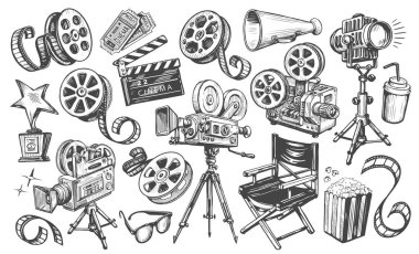 Sinema seti. Film, film, video, televizyon konsepti. Klasik skeç tarzında el çizimi TV illüstrasyonları