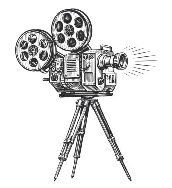 Retro film kamerası skeci. Çekim, film çekimi konsepti. Film ve televizyon ekipmanları klasik oymacılık tarzıyla çizilmiş