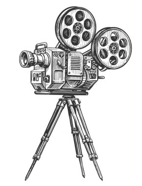 Retro film kamerası. Tripoda el çizimi video vintage projektör. Çizim çizimi beyaz arkaplanda izole edildi