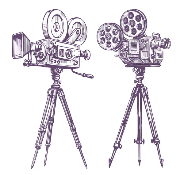 Vintage Filmcamera Filmindustrie Bioscoopconcept Handgetekende Retro Video Projector Schets Vector — Stockvector