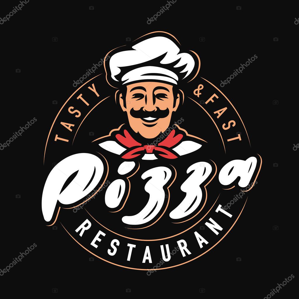 PIZZA restaurant emblem design. Funny chef with cook hat logo. Vector illustration