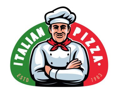 Pizza logosu. Şef, İtalyan yemek rozeti, etiket. Restoran menüsü tasarımı ya da tabela için amblem. Çizgi film vektör illüstrasyonu