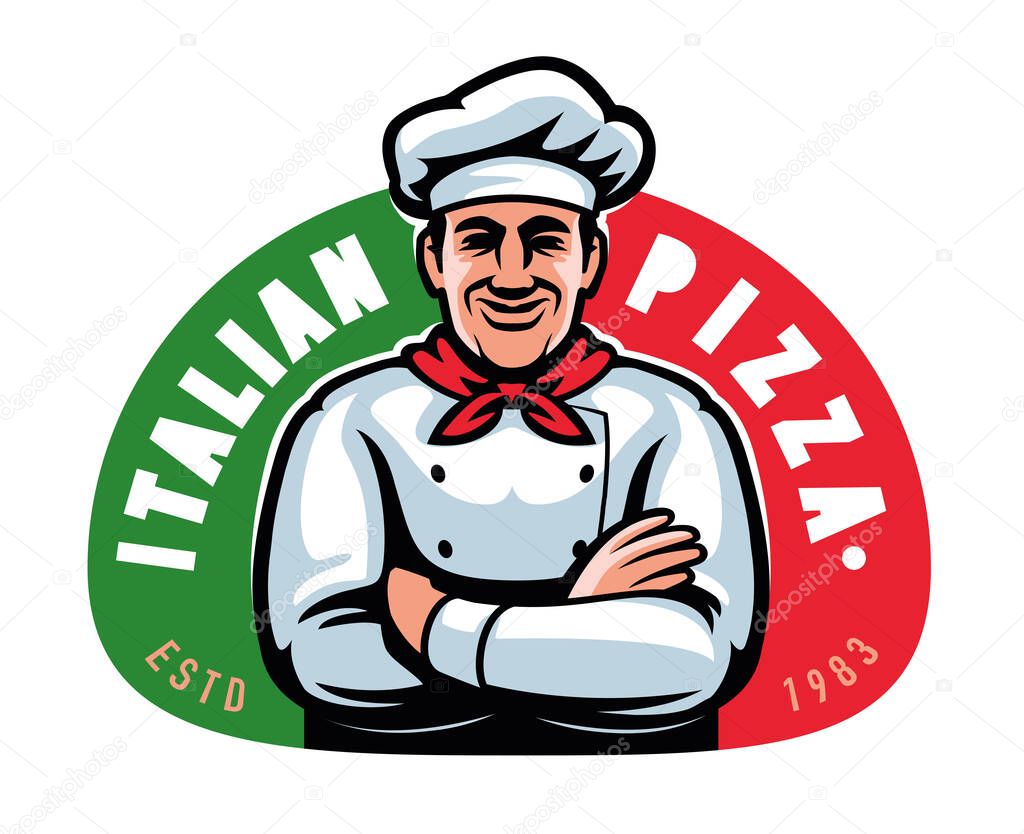 PIZZA logo. Chef, Italian food badge, label. Emblem for restaurant menu design or signboard. Cartoon vector illustration