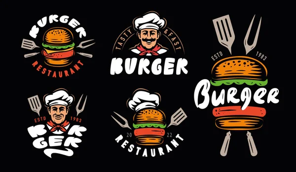 Burger Odznaka Ustawiona Godło Fast Food Logo Kolekcja Elementów Projektowych — Wektor stockowy