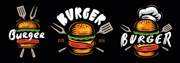 Hamburger Logosu Fast Food Amblemi Bir Dizi Rozet Sembol Restoran — Stok Vektör