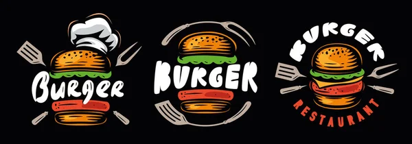 Hamburger Amblemi Fast Food Logosu Bir Dizi Rozet Sembol Restoran — Stok Vektör
