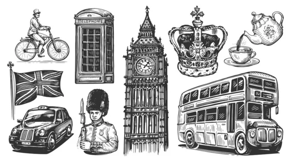 Inglaterra Londres Colección Dibujada Mano Ilustraciones Estilo Boceto Grabado Vintage —  Fotos de Stock
