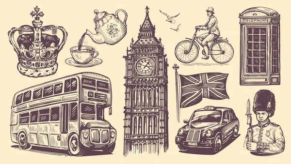 Handgezeichnete Skizze England Set Londoner Vektorillustration Großbritannien Kollektionselemente Stil Der — Stockvektor