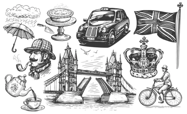 ロンドンのベクターイラスト 手描きスケッチイギリスセット ヴィンテージ彫刻スタイルの偉大な英国のコレクション要素 — ストックベクタ