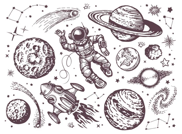 带有行星 宇宙飞船和宇航员的空间 夜空概念草图 — 图库照片