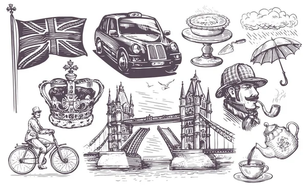 伦敦的概念设置 手工绘制的老式版画素描风格插图集 — 图库照片