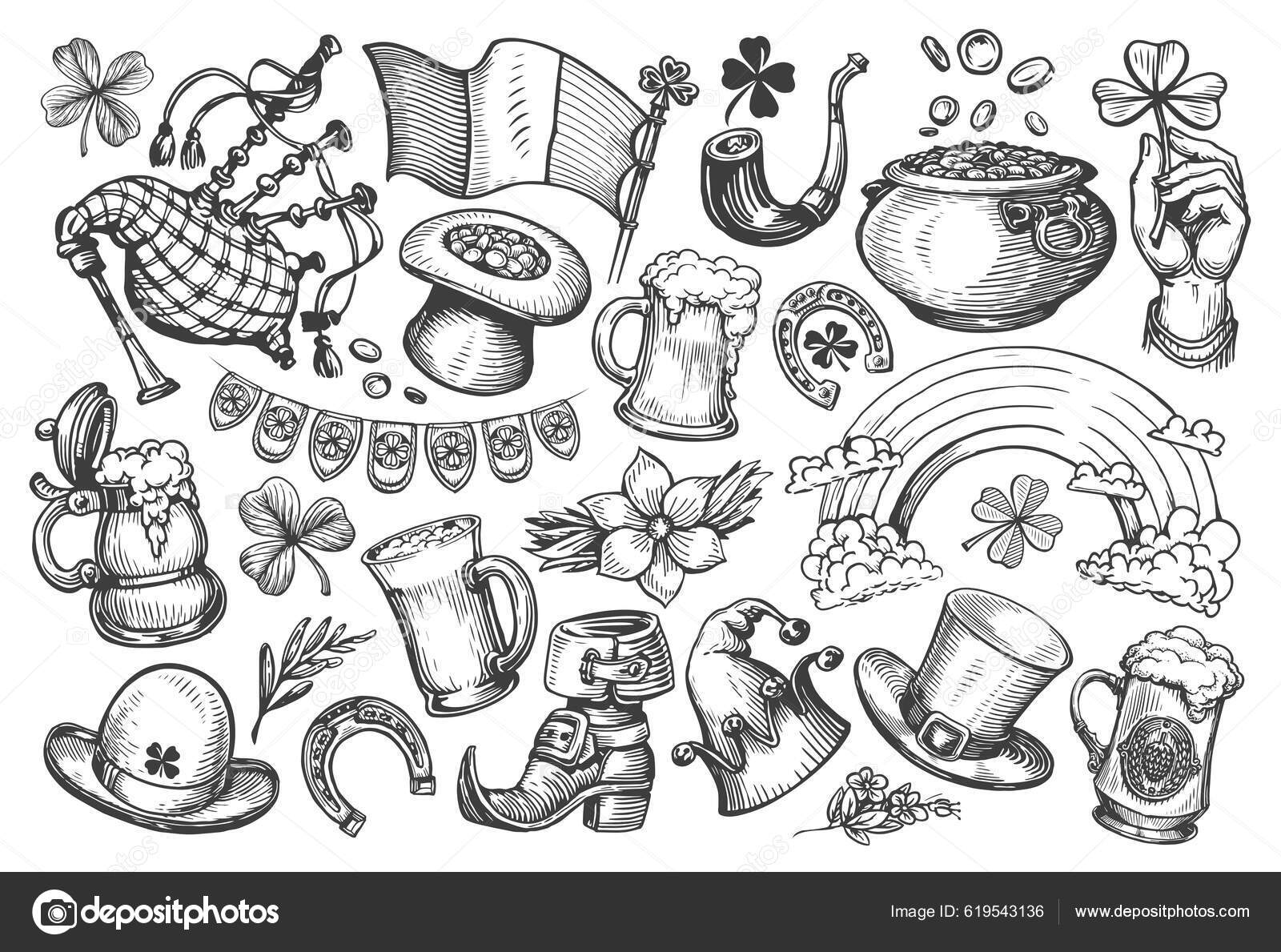 Концепт Скетч Дня Святого Патрика Ирландские Праздничные Символы.