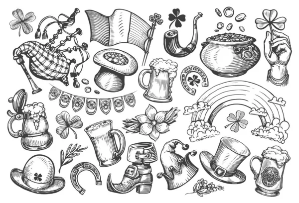 Saint Patricks Day Concept Sketch Irish Holiday Symbols Set Collection — Stock Photo, Image
