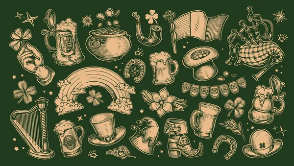 Conjunto Símbolos Dia Patricks Conceito Férias Irlandês Coleção Vetorial Ilustrações —  Vetores de Stock