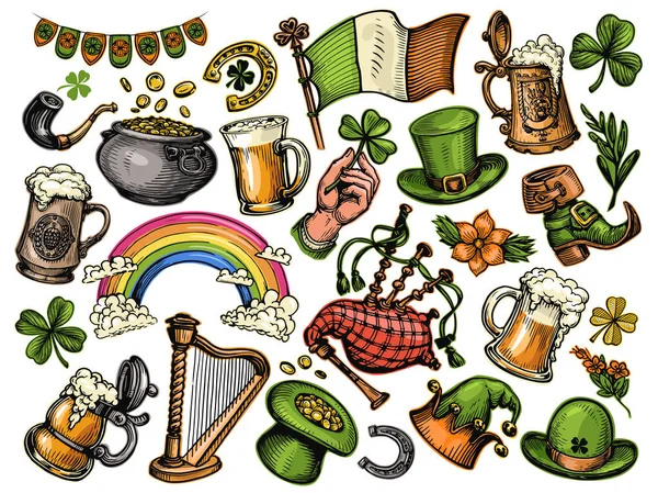 Sada Symbolů Den Svatého Patricka Irský Sváteční Koncept Sbírka Barevné — Stock fotografie