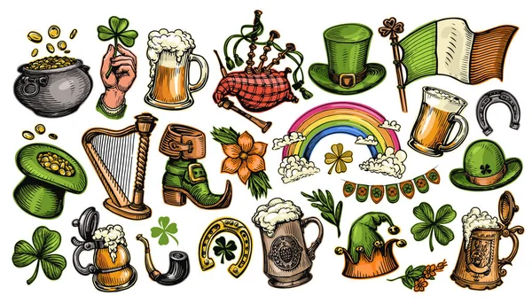 Patricks Dzień Koncepcja Symboli Lub Odznaki Irlandzki Zestaw Ikon Świątecznych — Zdjęcie stockowe