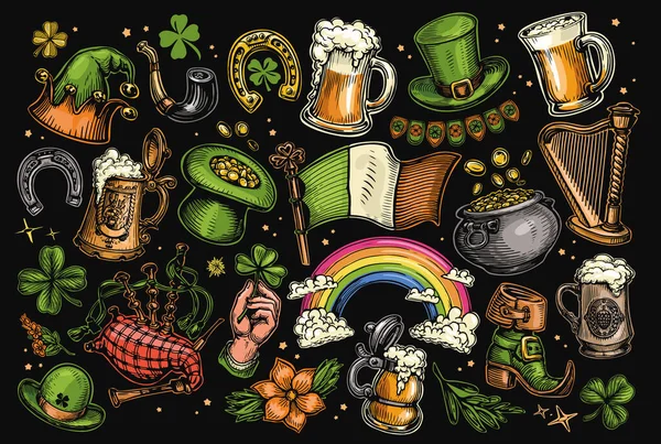 聖パトリックの日のシンボルセット 休日カード バナー 招待状のデザイン要素のコレクション アイルランドの休日の概念 — ストックベクタ
