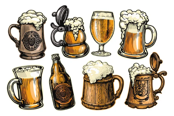 Cerveza Vector Conjunto Colección Vasos Tazas Botellas Con Bebidas Alcohólicas — Archivo Imágenes Vectoriales