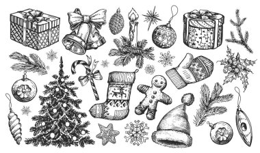 Noel retro konsepti. Tasarım elemanları el çizimi yarım yamalak vintage tarzında. Tatil dekorasyonları