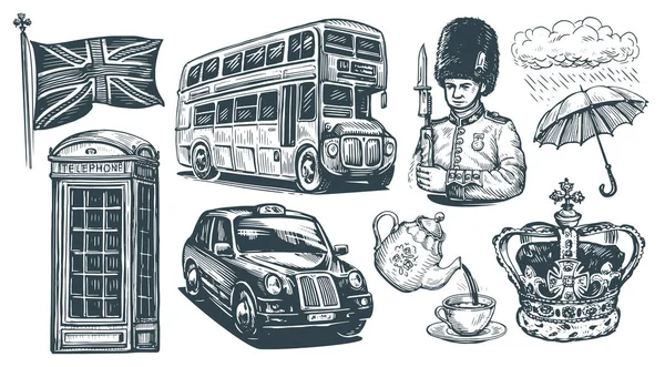 Egyesült Királyság Koncepció Anglia London Beállítva Kézzel Rajzolt Illusztrációk Gyűjteménye — Stock Vector