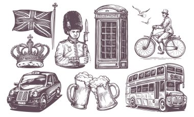 Birleşik Krallık konsepti. Vektör çizimi. Londra 'nın temasında tasarım ögeleri kümesi