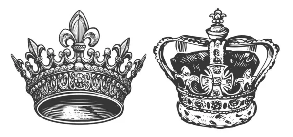 皇冠上有宝石草图 皇家象征孤立 仿古雕刻风格的手绘插图 — 图库照片
