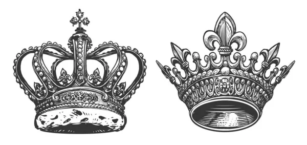 皇家象征孤立 皇冠上有宝石草图 仿古雕刻风格的手绘插图 — 图库照片