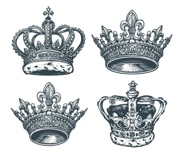 皇家金冠与宝石 女王的象征 手绘素描矢量插画的老式雕刻风格 — 图库矢量图片